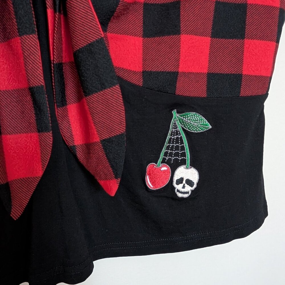 Royal Monk 3X buffalo plaid v-neck crop top skull cherry spiderweb EUC - Picture 2 of 10